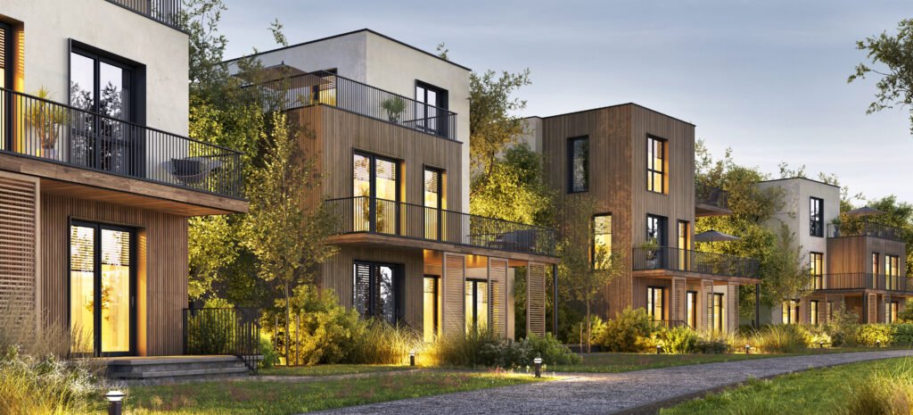 Evening view of the beautiful houses of modern architecture Evening view of the beautiful houses of modern architecture